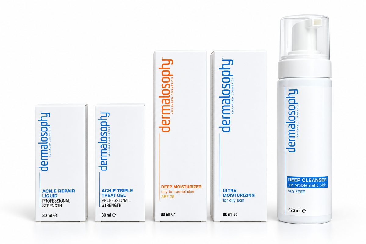 Dermalosophy Comedonal Acne Kit with Repair Liquid, Triple Acne Gel, Deep Cleanser and two moisturizers for oily, congested skin