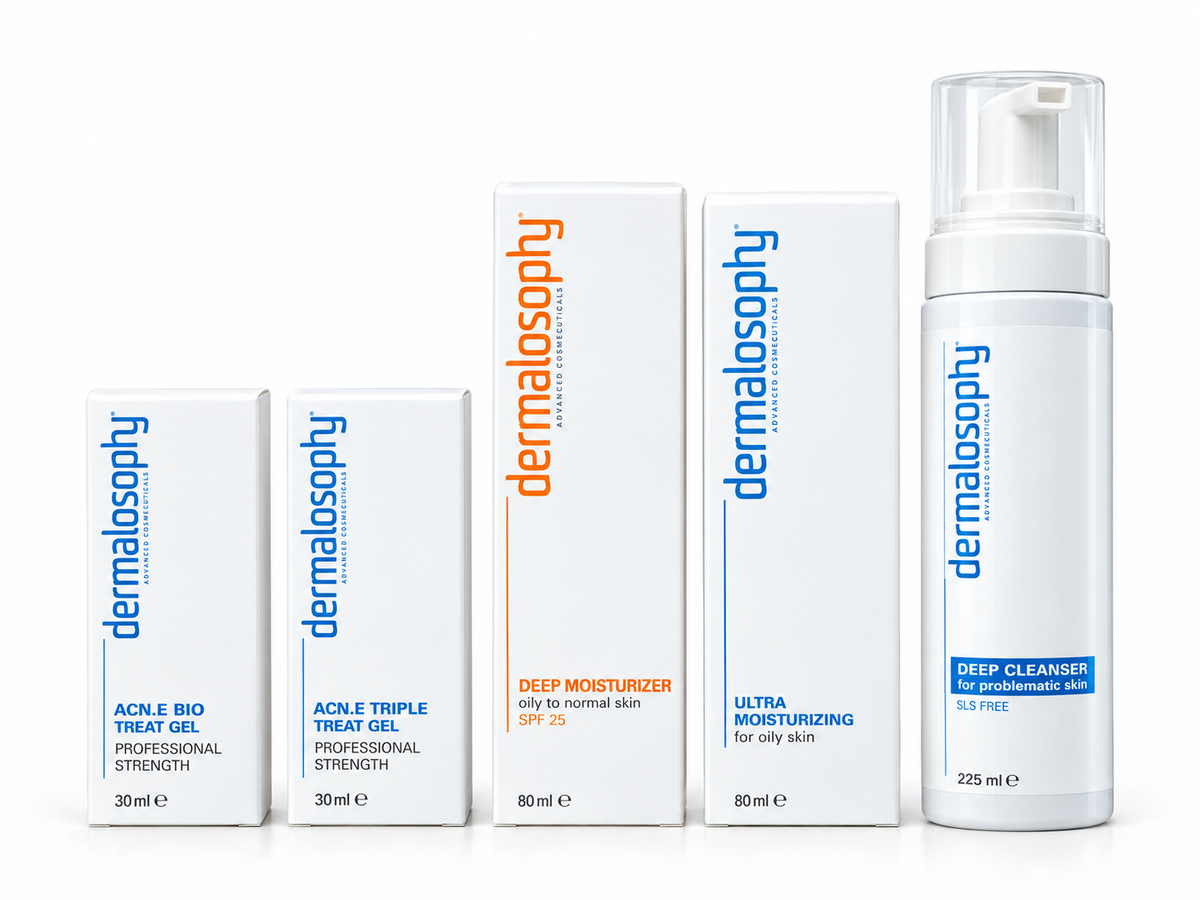 Dermalosophy Inflammatory Acne Kit 47000 with ACN.E Bio, Triple Acne Gel, Deep Cleanser, Ultra Moisturizer and SPF 25 moisturizer