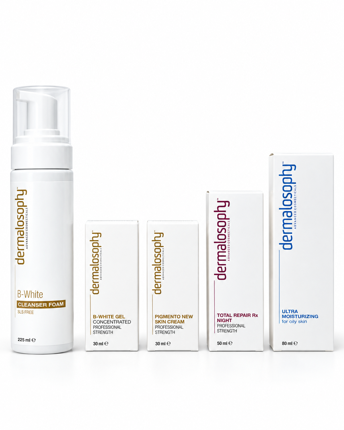 Dermalosophy Post-Acne Dark Spot Kit with B-White Cleanser, B-White Gel, Pigmento New Skin, Total Repair RX and Ultra Moisturizer