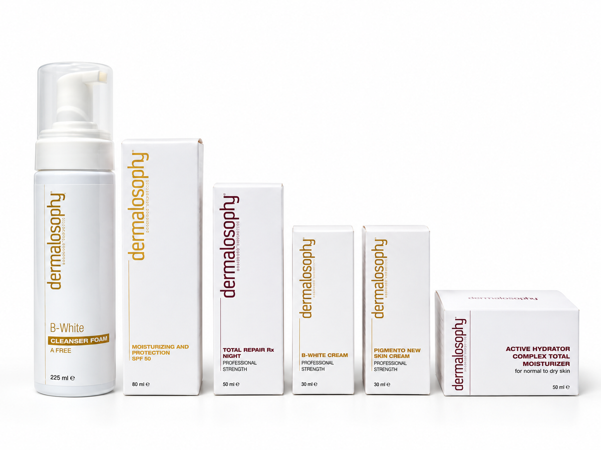 Dermalosophy Pigmentation & Anti-Aging Kit with six skincare products for dark spots, melasma, uneven skin tone, fine lines and wrinkles.
 