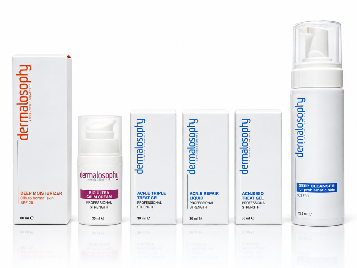 Dermalosophy Combined Acne Kit with six skincare products including Repair Liquid, Acne Bio, Triple Acne Gel, Bio Ultra-Calm, cleanser and SPF moisturizer