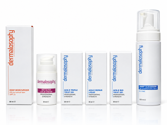 Dermalosophy Combined Acne Kit with six skincare products including Repair Liquid, Acne Bio, Triple Acne Gel, Bio Ultra-Calm, cleanser and SPF moisturizer