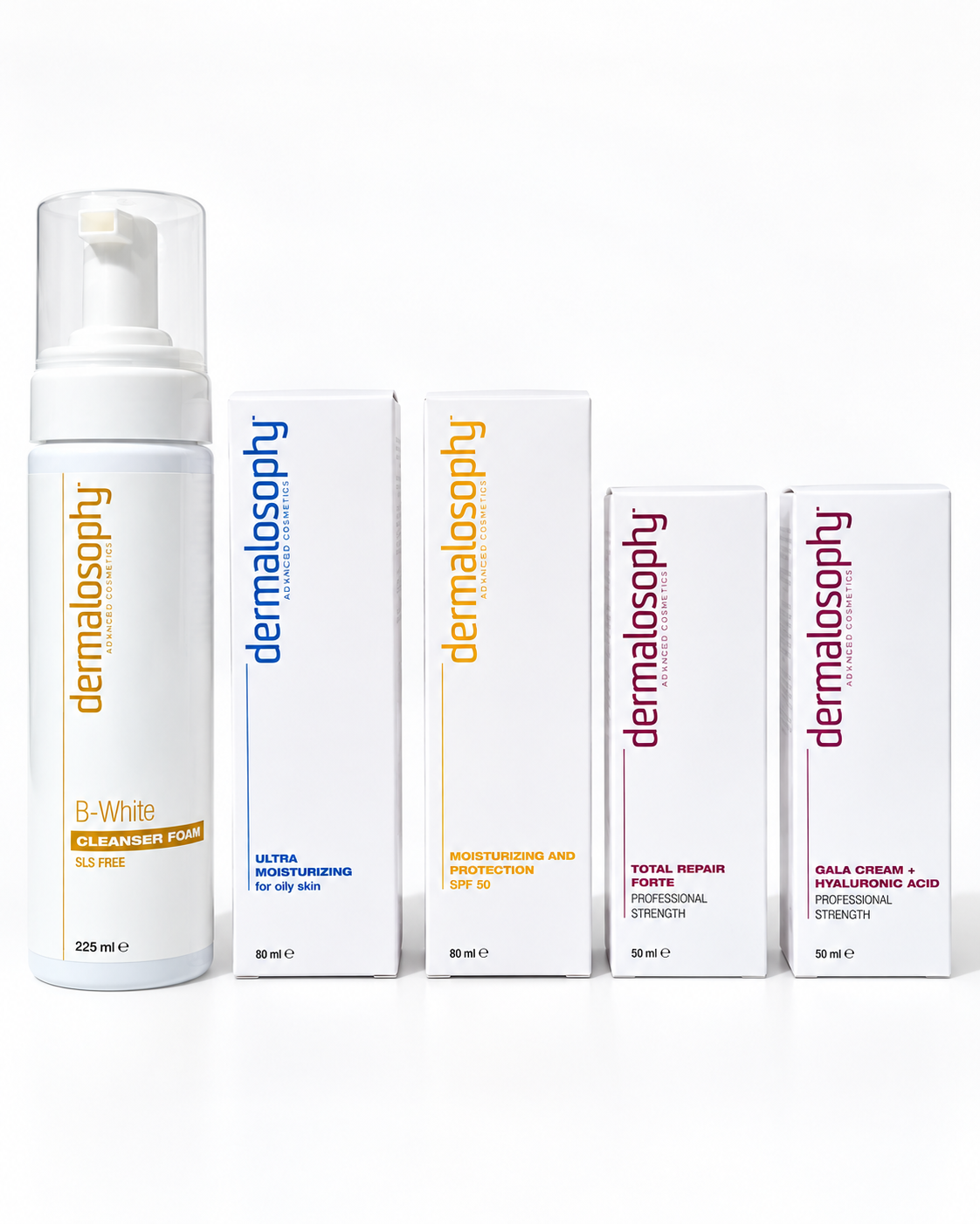 Dermalosophy Post-Acne Scar and Skin Texture Kit with B-White Cleanser, Ultra Moisturizer, SPF 50, Total Repair Forte and Gala Cream