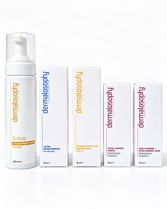 Dermalosophy Post-Acne Scar and Skin Texture Kit with B-White Cleanser, Ultra Moisturizer, SPF 50, Total Repair Forte and Gala Cream