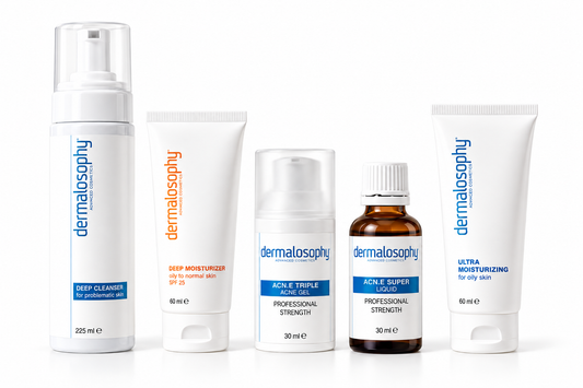 Dermalosophy pregnancy and breastfeeding acne skincare kit with Deep Cleanser, ACN.E Triple Gel, Super Liquid, Ultra Moisturizer and SPF moisturizer