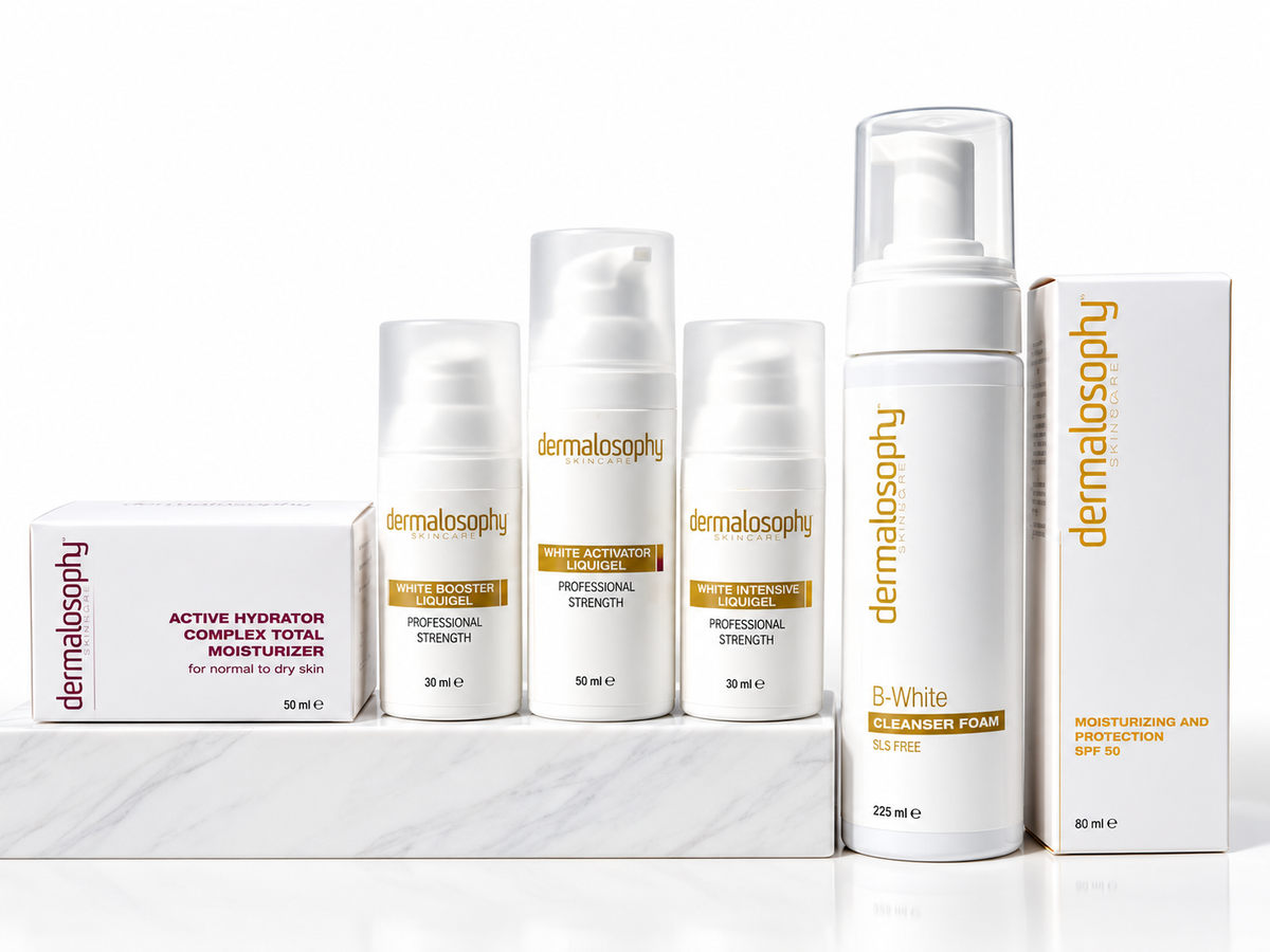 Dermalosophy White Plus pigmentation kit with White Booster, White Intensive, White Activator, B-White Cleanser, SPF 50 sunscreen and moisturizer
