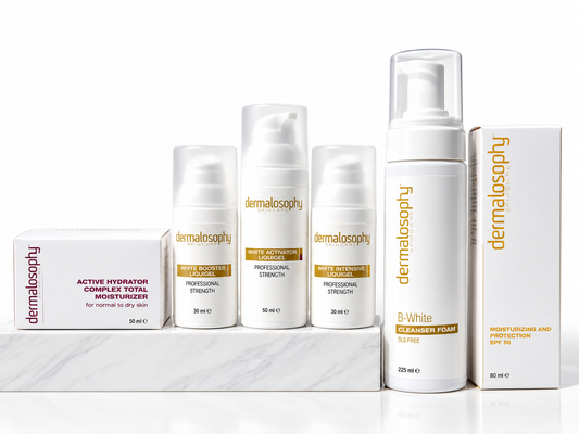 Dermalosophy White Plus pigmentation kit with White Booster, White Intensive, White Activator, B-White Cleanser, SPF 50 sunscreen and moisturizer